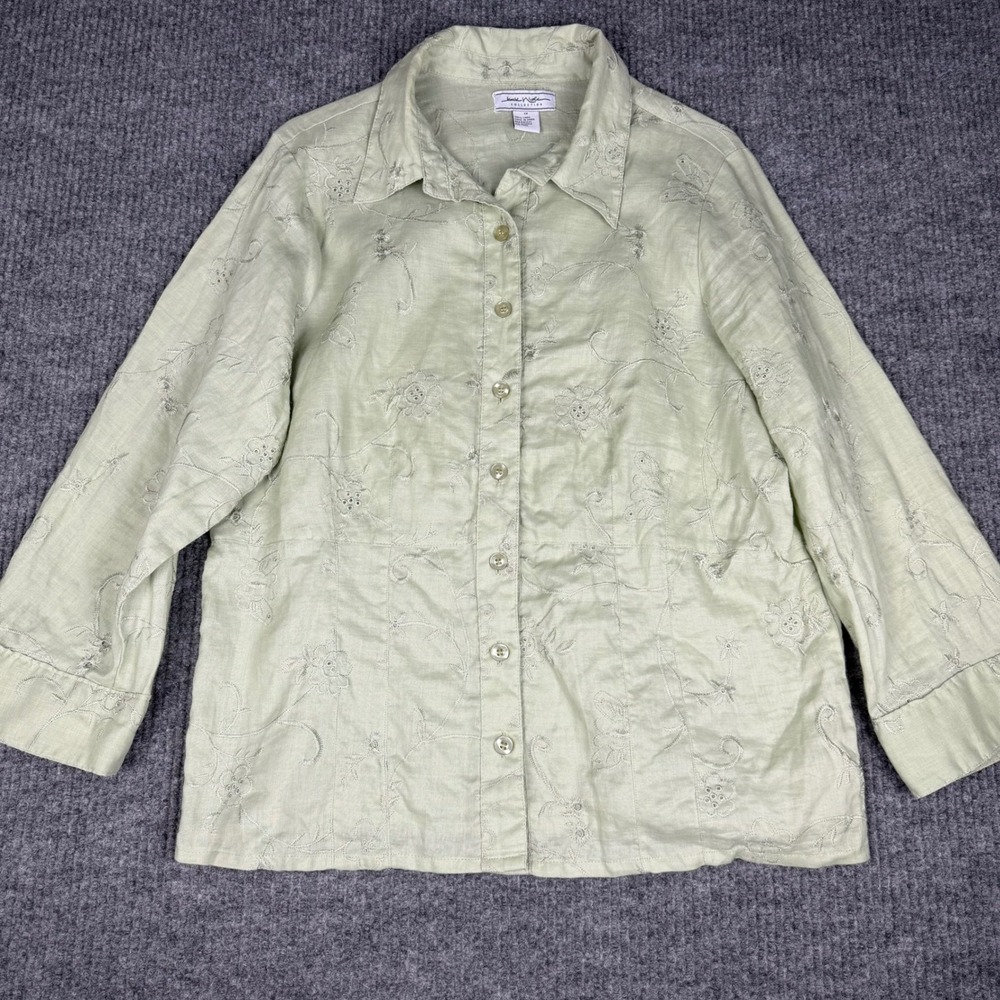 Jamie Nicole Button Up Shirt Womens XL 100% Linen Floral Embroidered 3/4 Sleeve
